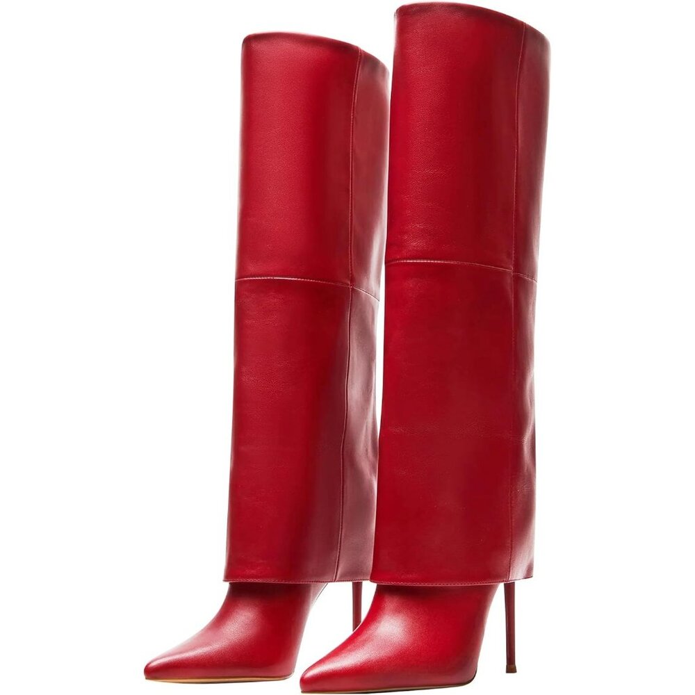 Women’s Fashion Fall Winter Red Fold Over Pointed Toe Knee High Heel Boots - Picture 1 of 7